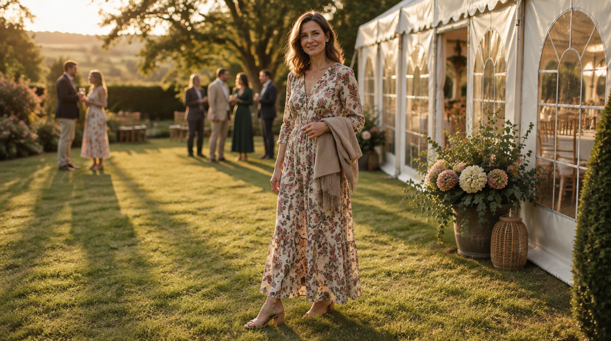 Wedding guest in a printed maxi dress on a lawn beside a marquee at golden hour