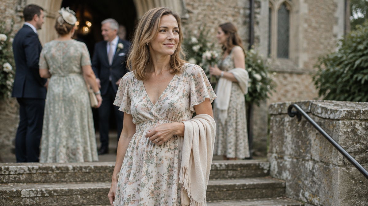 Wedding guest in a floral maxi dress on the steps of an English country church