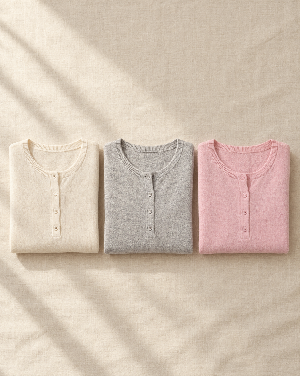 Romy 3-Pack Knit Henley Jumpers – ecru, grey and chalk pink | Velbrooke