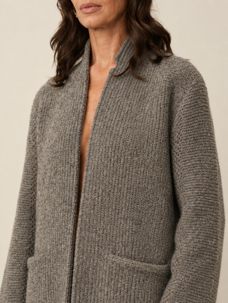 Tamsin open knit lapel jacket, collar and pocket detail