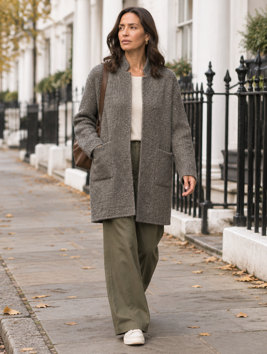 Tamsin open knit lapel jacket worn on the street