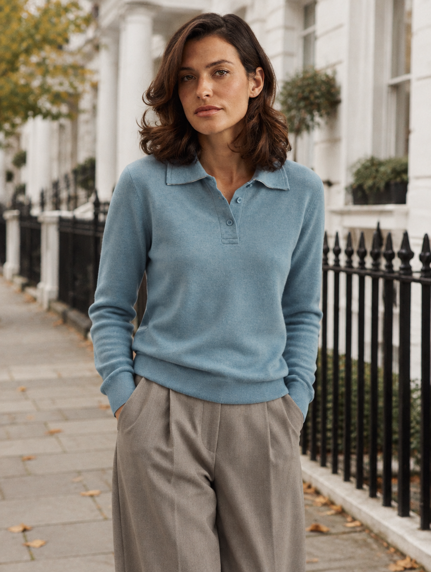 Ines buttoned knit polo jumper worn on the street