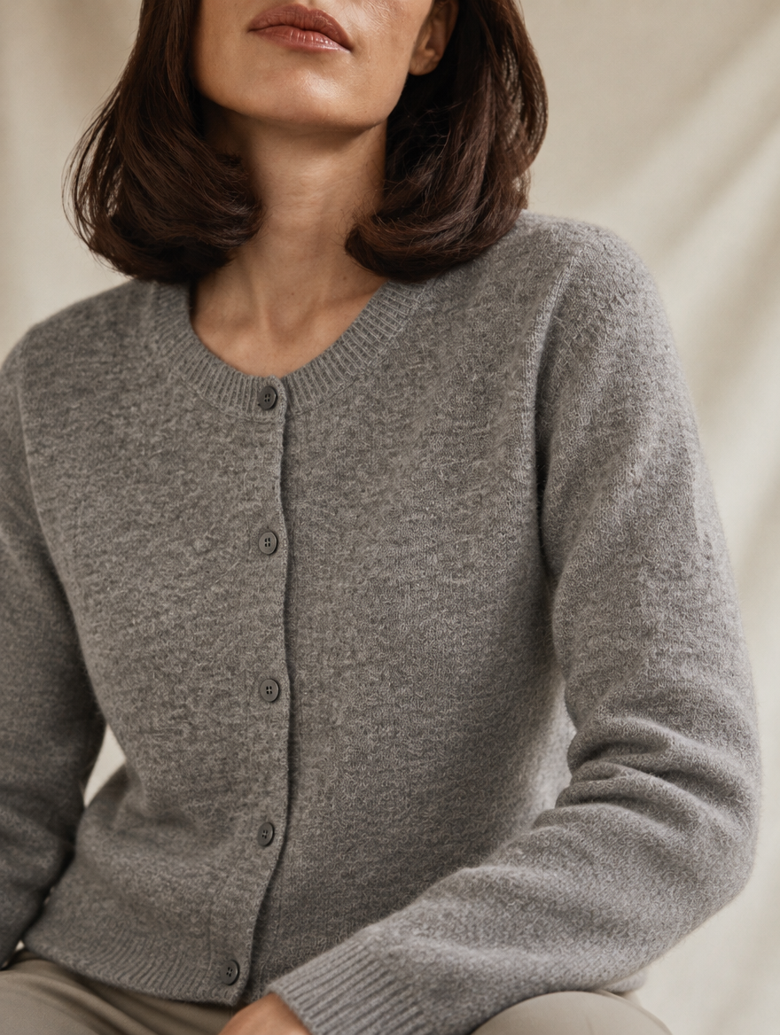 Fleur soft knit crew-neck cardigan, button detail