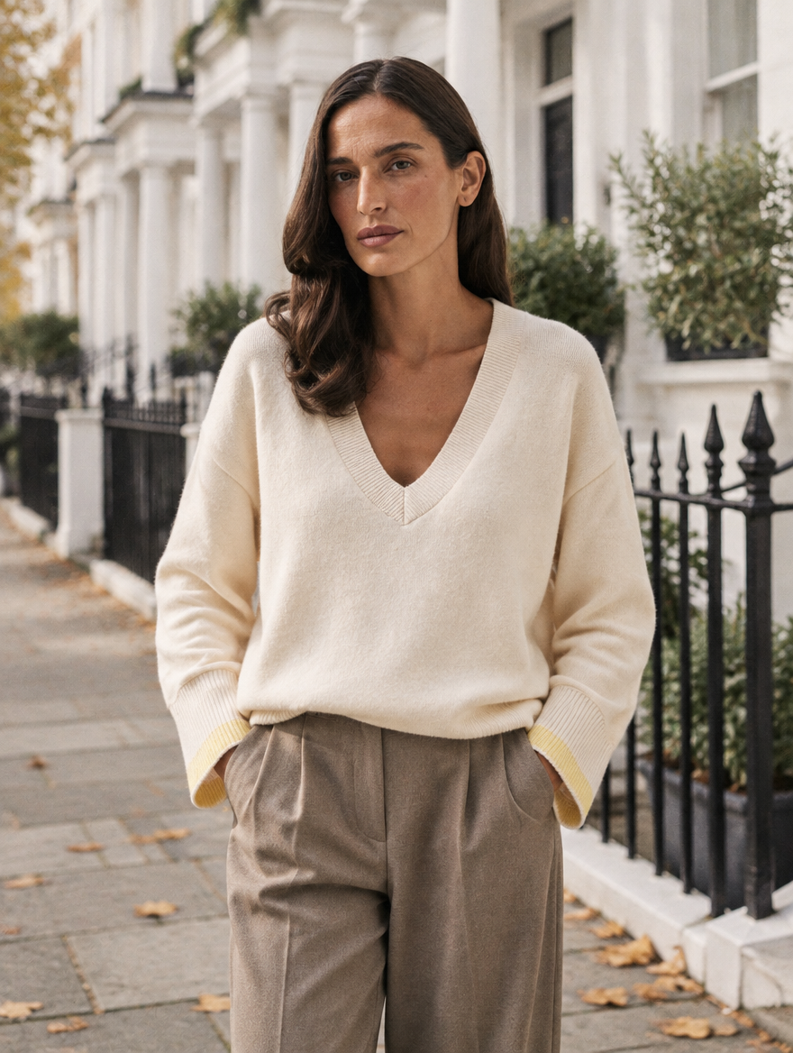 Perrine wide-armhole V-neck jumper worn on the street