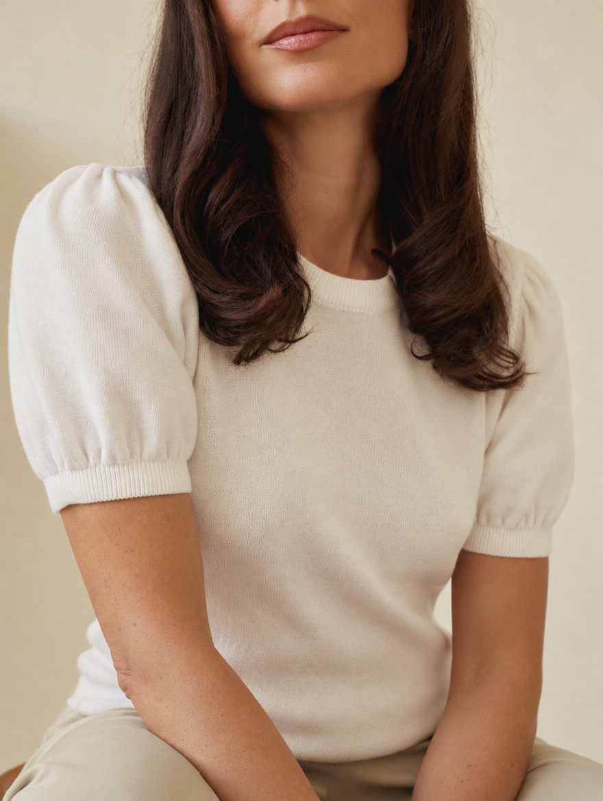 Quinn puff-sleeve knit top, neckline and sleeve detail