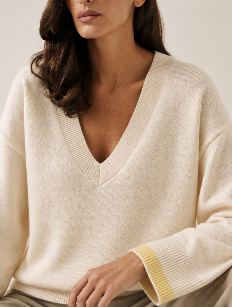 Perrine wide-armhole V-neck jumper, neckline and cuff detail