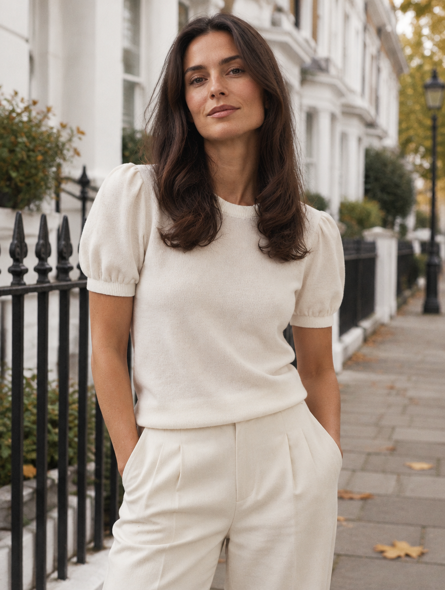 Quinn puff-sleeve knit top worn on the street