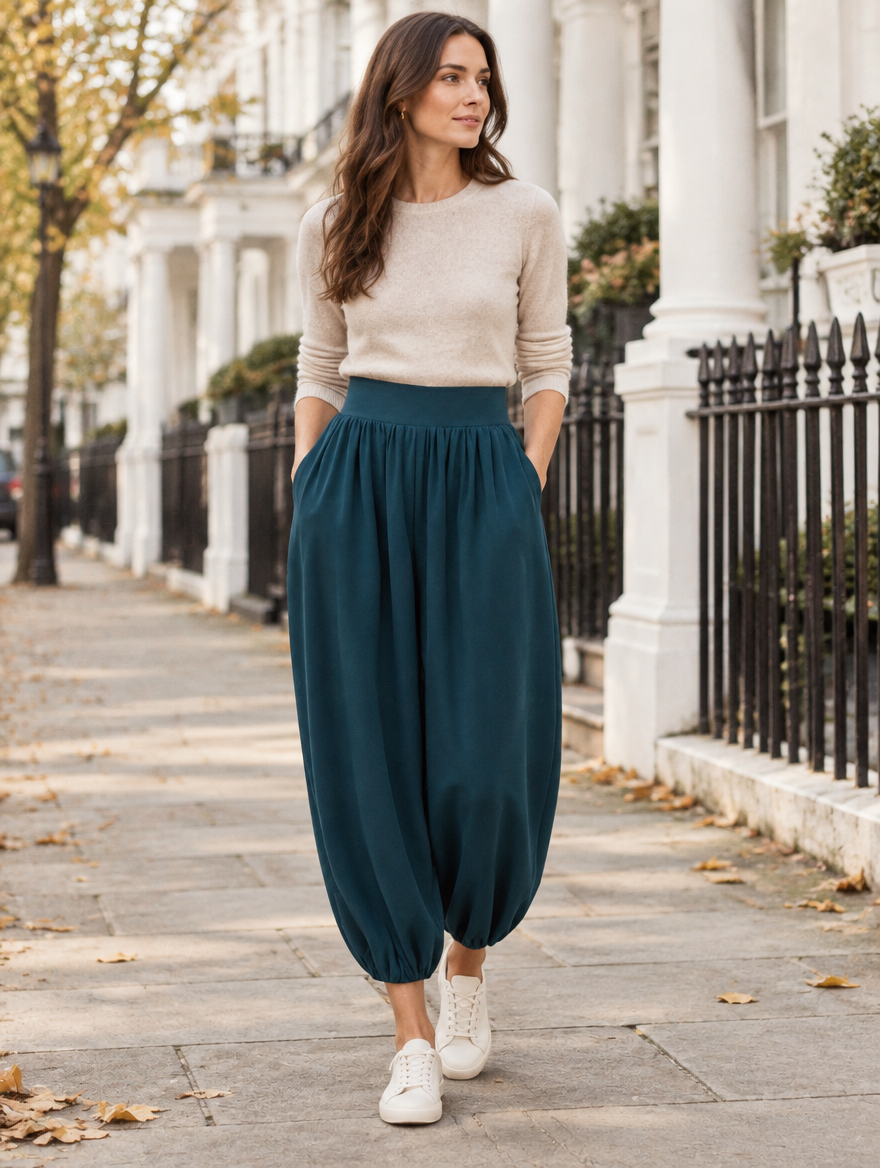 Iris balloon crepe trousers worn on the street