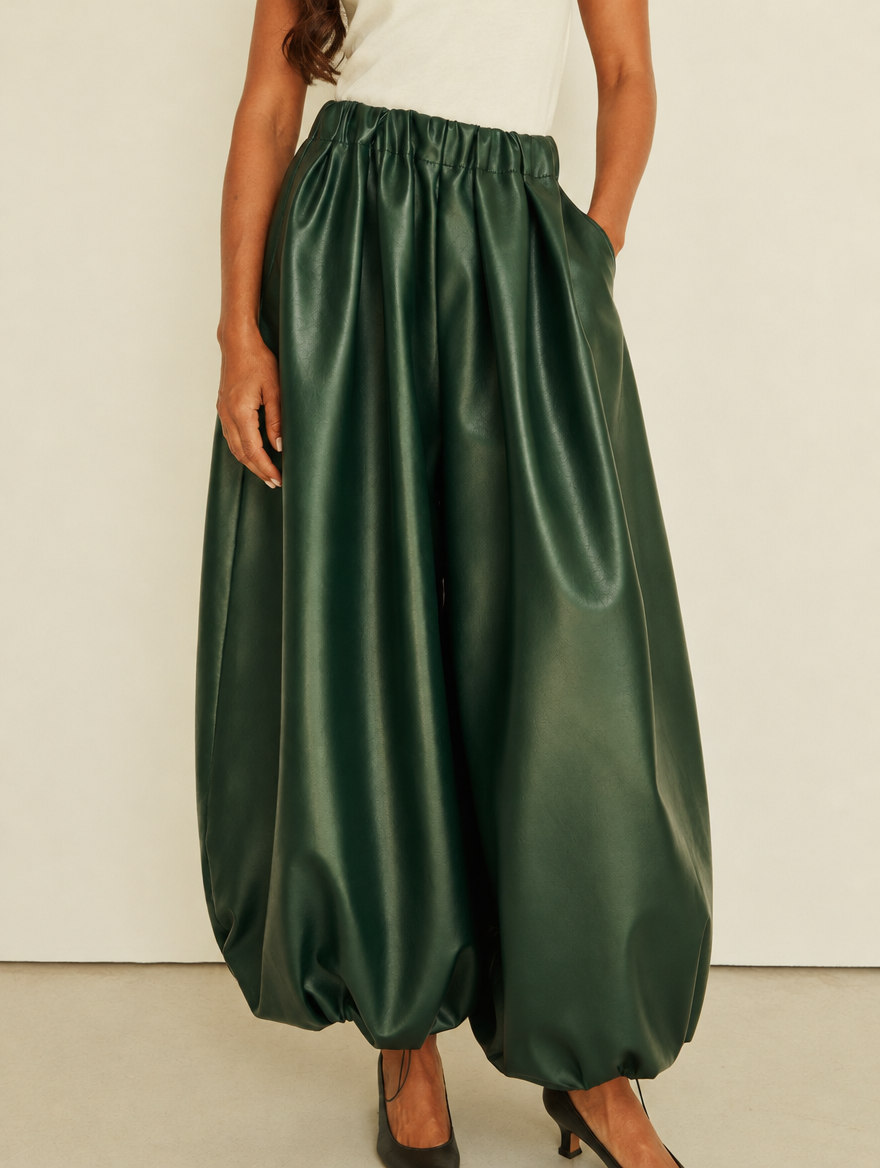 Thea balloon leather-look trousers, waistband and leg detail