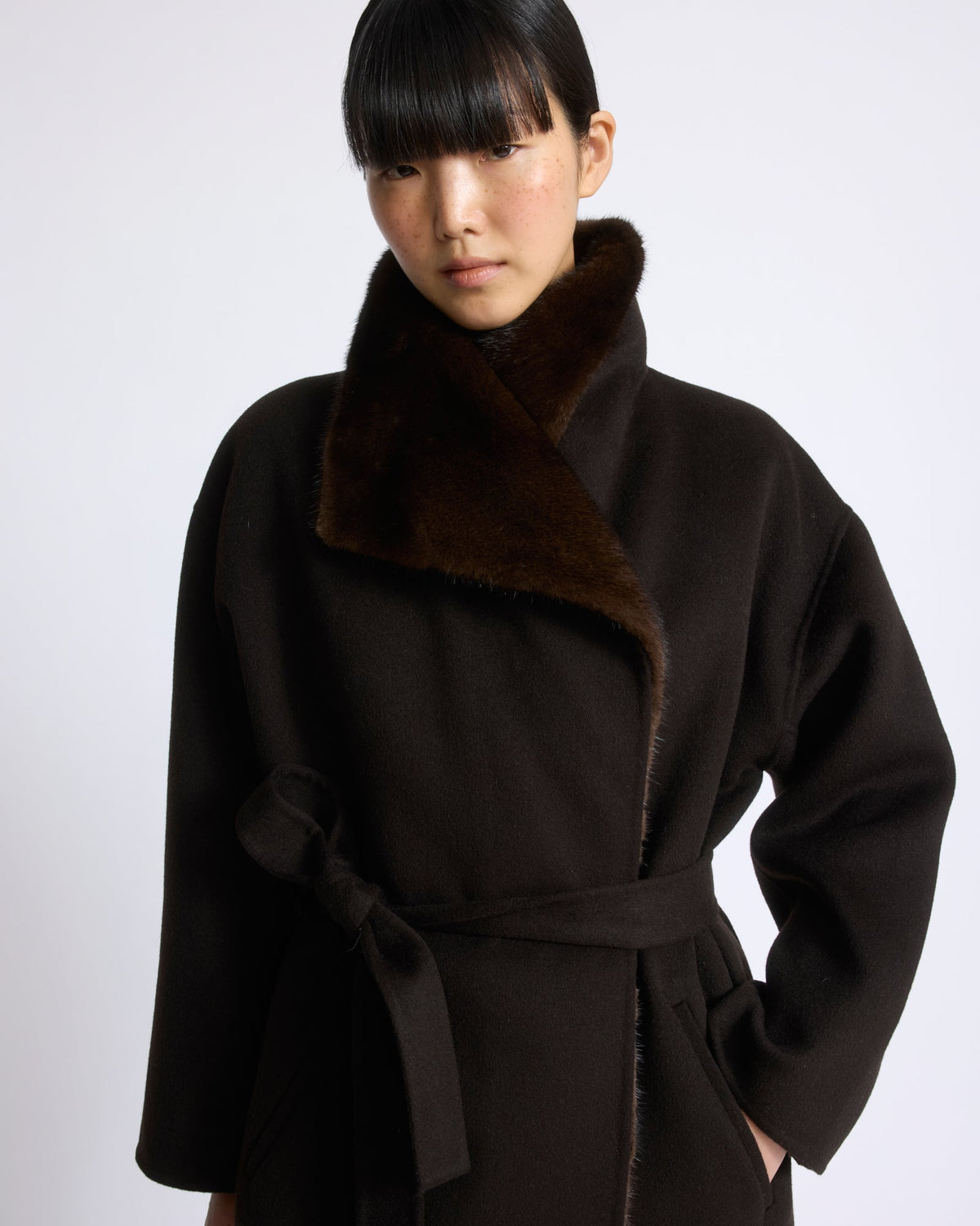 Anastasia | Long Belted Coat with Plush Collar and Lining - Chestnut – photo 2