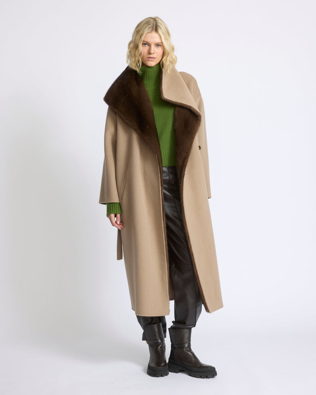 Anastasia | Long Belted Coat with Plush Collar and Lining - Oat | Velbrooke