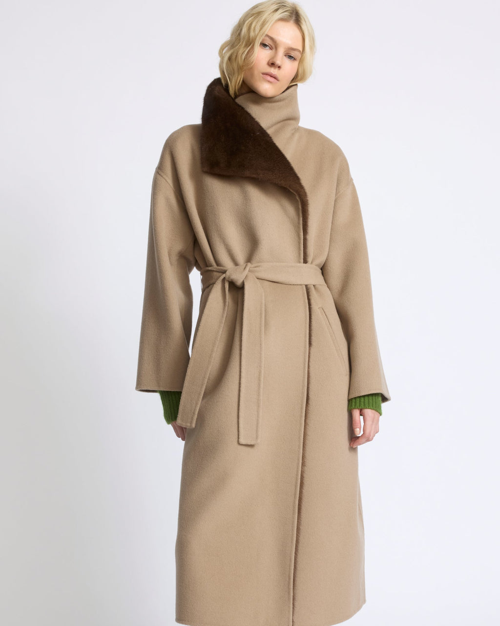 Anastasia | Long Belted Coat with Plush Collar and Lining - Oat – photo 2