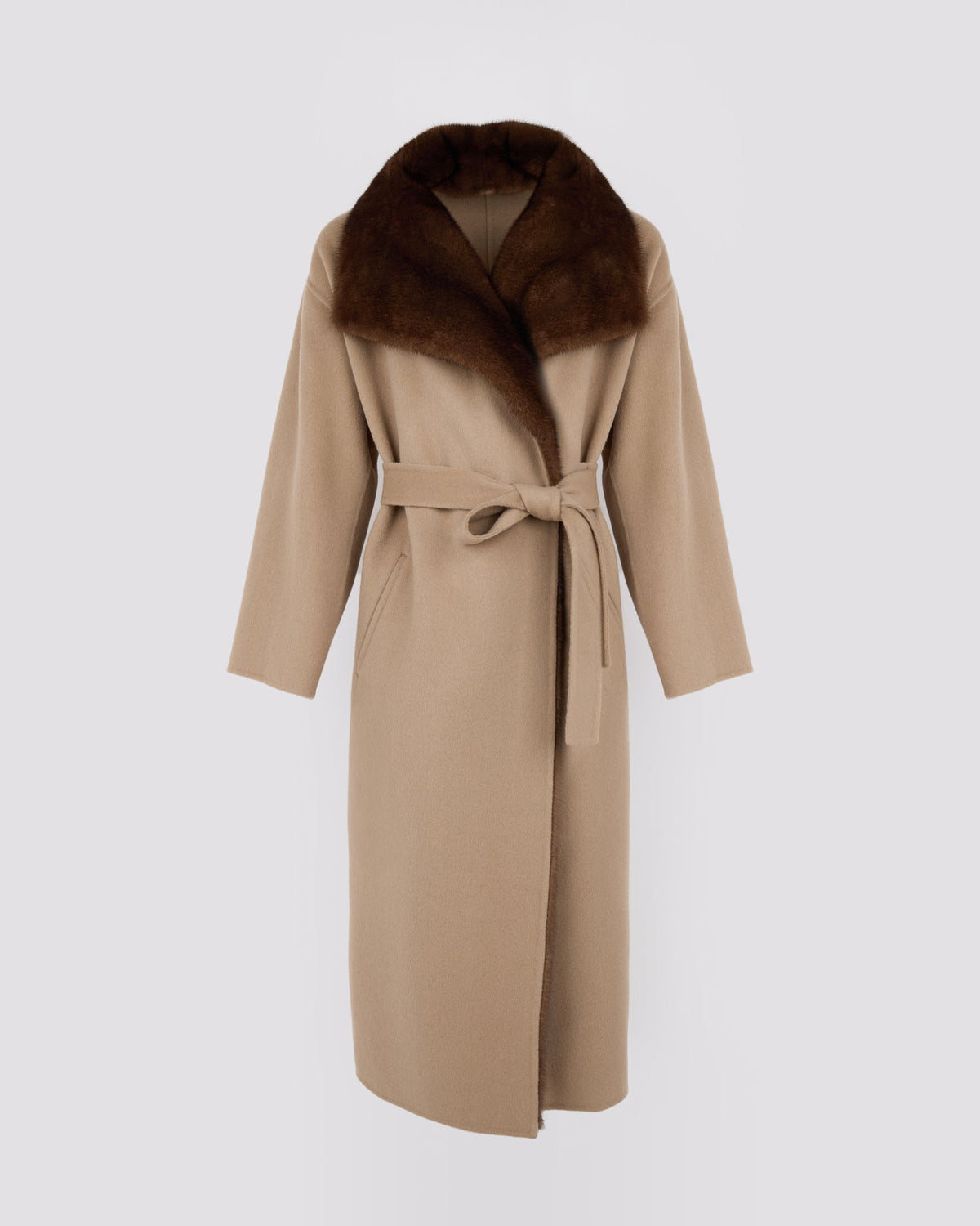Anastasia | Long Belted Coat with Plush Collar and Lining - Oat – photo 5