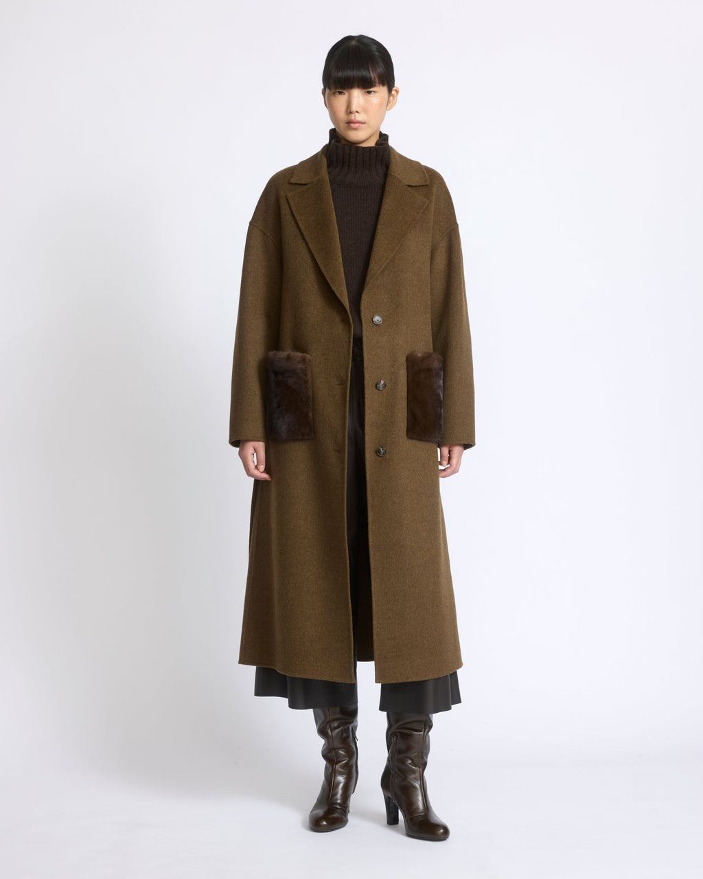 Aurelia | Long Belted Coat with Plush Patch Pockets - Espresso – photo 3