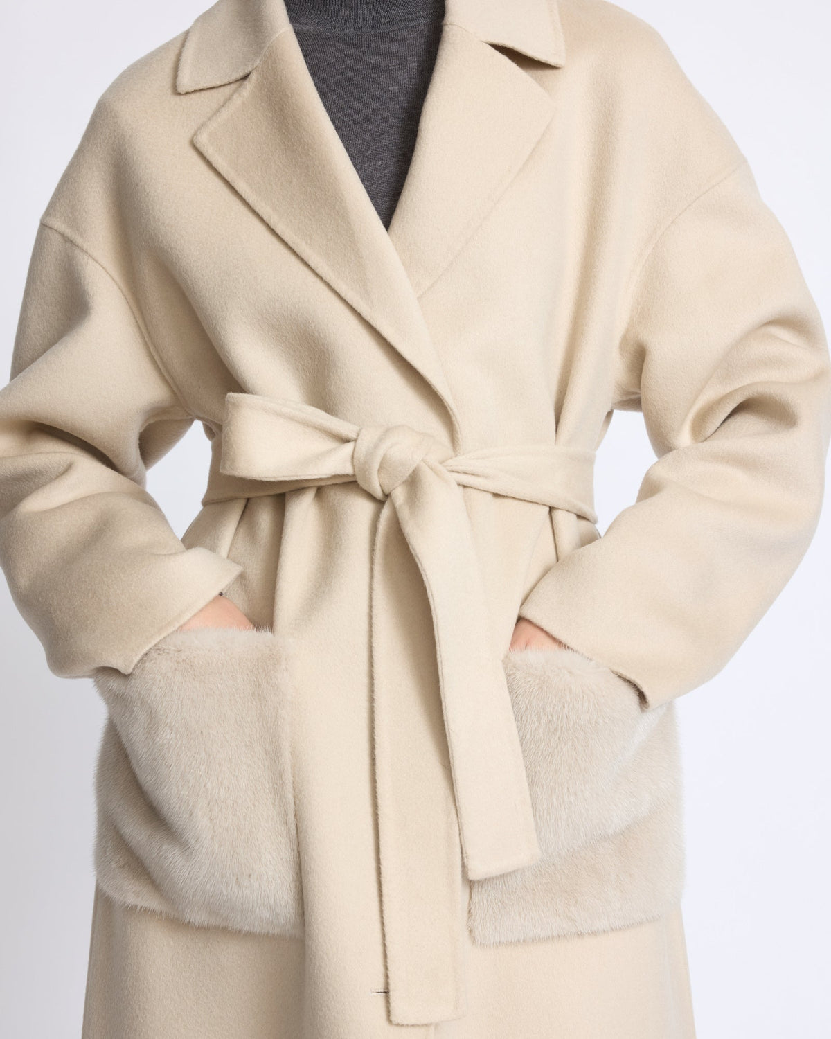 Aurelia | Long Belted Coat with Plush Patch Pockets - Sand | Velbrooke