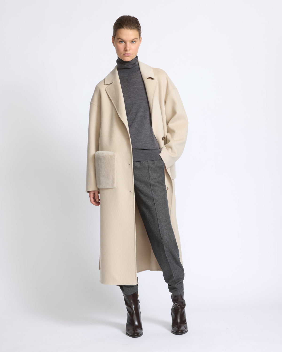 Aurelia | Long Belted Coat with Plush Patch Pockets - Sand – photo 2