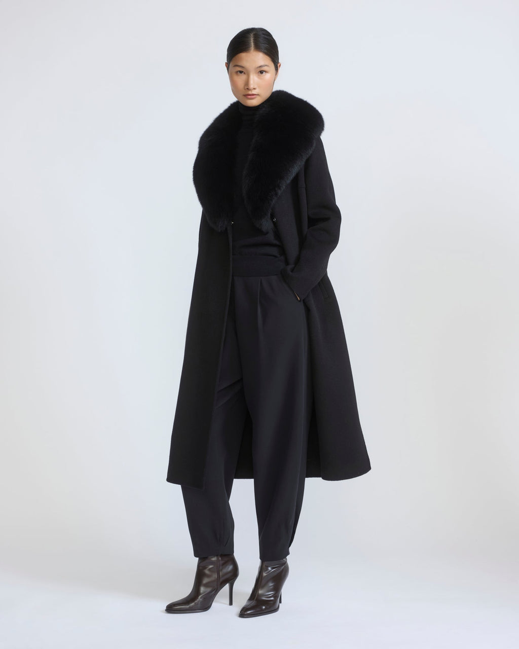 Celestine | Belted Coat with Plush Collar and Lapels - Black | Velbrooke