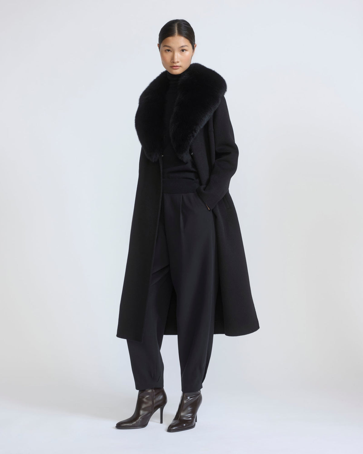 Celestine | Belted Coat with Plush Collar and Lapels - Black | Velbrooke