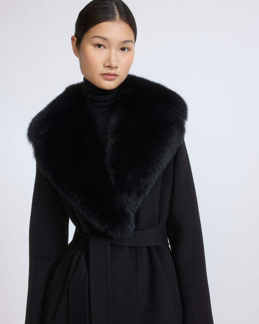 Celestine | Belted Coat with Plush Collar and Lapels - Black – photo 2