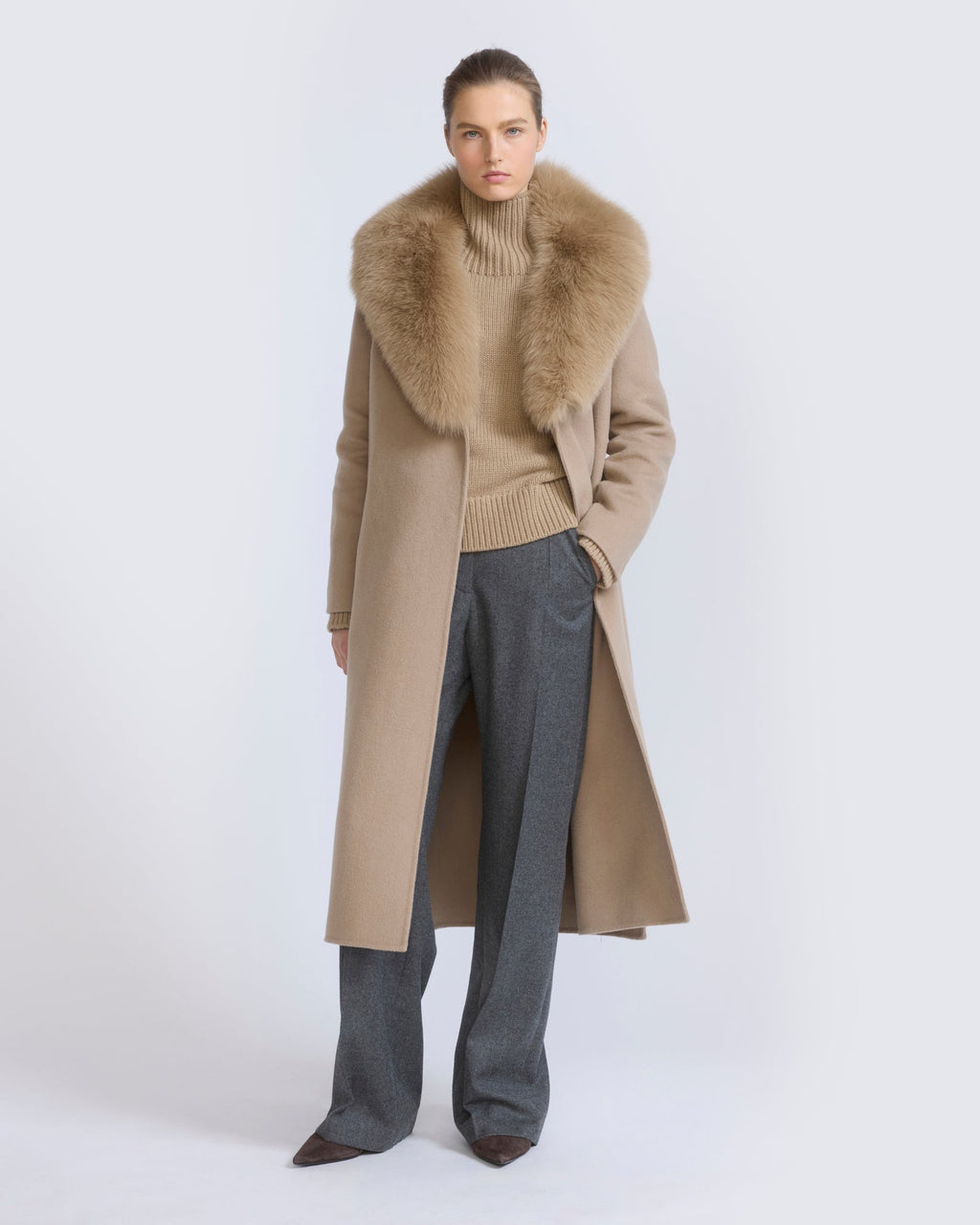 Celestine | Belted Coat with Plush Collar and Lapels - Oat | Velbrooke