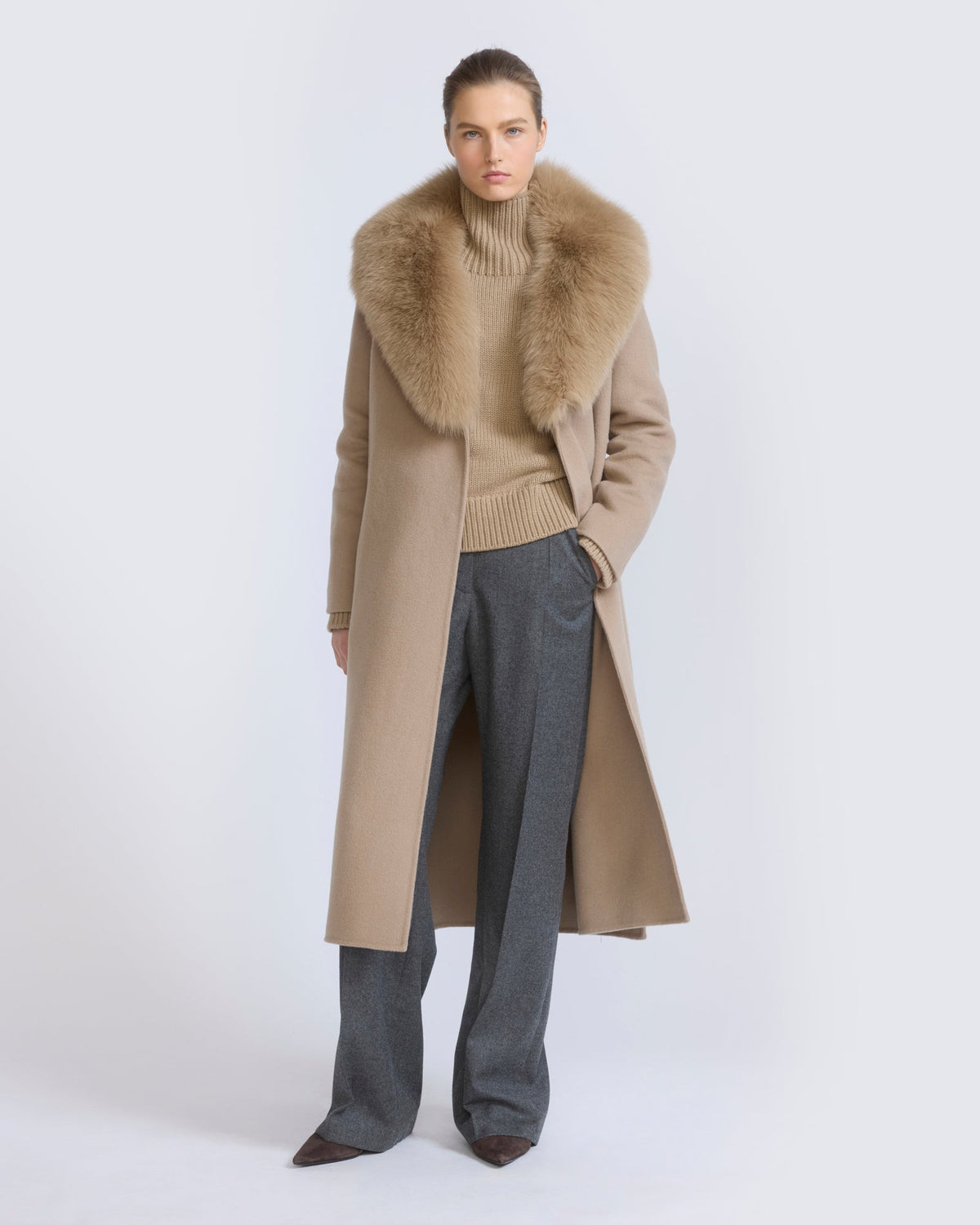 Celestine | Belted Coat with Plush Collar and Lapels - Oat | Velbrooke