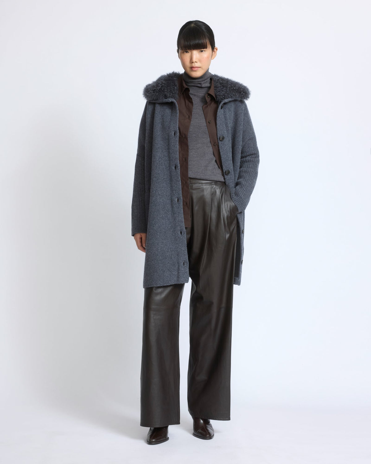 Clara | Oversized Knit Coat with Detachable Collar - Blue Grey | Velbrooke