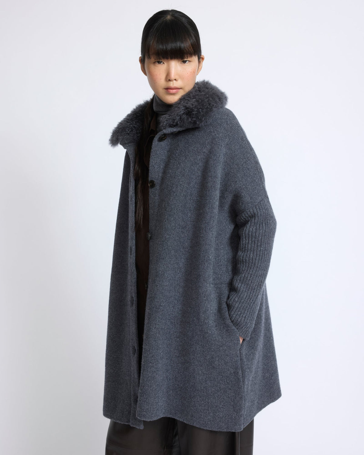 Clara | Oversized Knit Coat with Detachable Collar - Blue Grey – photo 2