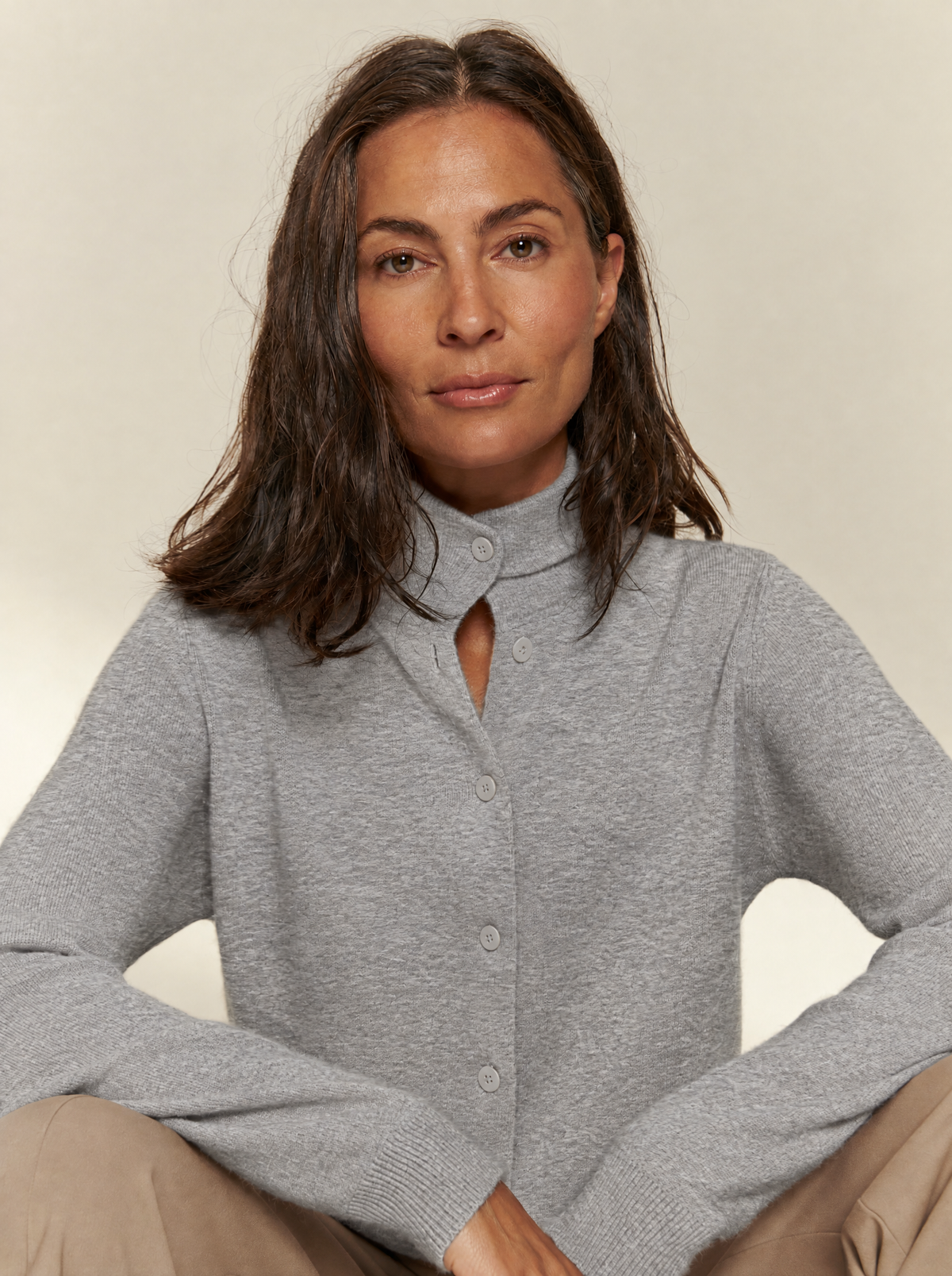 Clarisse | High-Neck Fine Knit Cardigan – Grey Marl