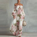 Clemence | Peony Print Off-the-Shoulder Bishop-Sleeve Maxi Dress | Velbrooke