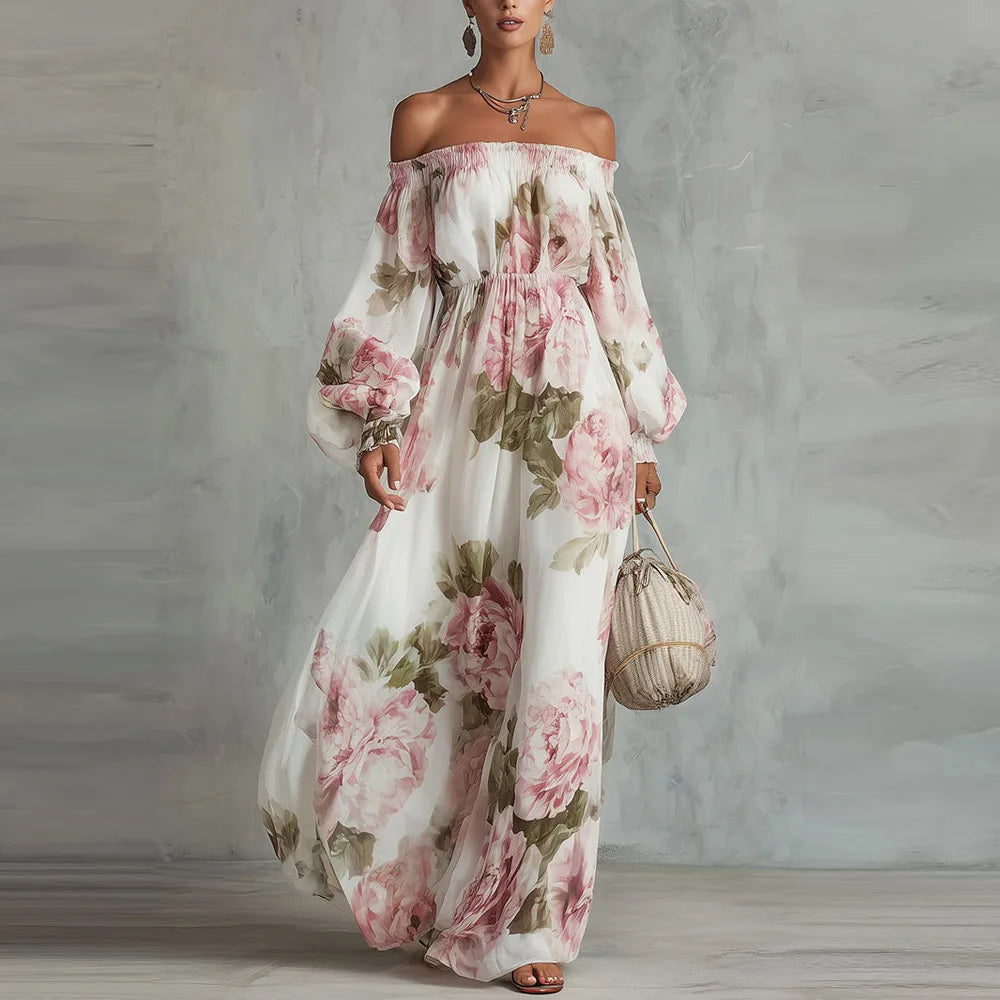 Clemence | Peony Print Off-the-Shoulder Bishop-Sleeve Maxi Dress | Velbrooke