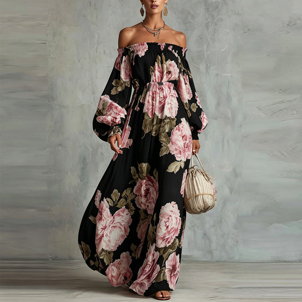 Clemence | Peony Print Off-the-Shoulder Bishop-Sleeve Maxi Dress – photo 3