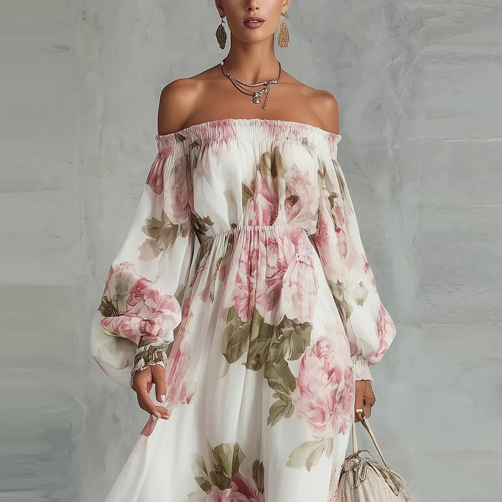 Clemence | Peony Print Off-the-Shoulder Bishop-Sleeve Maxi Dress – photo 5