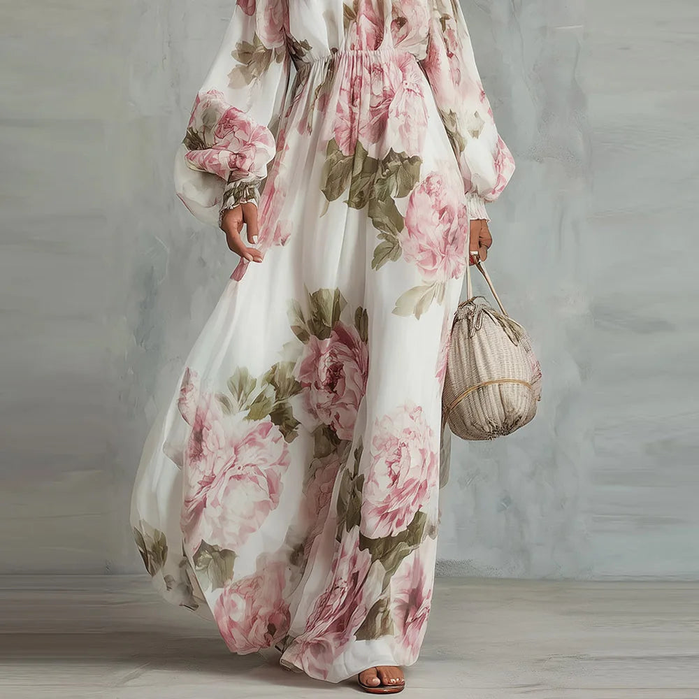 Clemence | Peony Print Off-the-Shoulder Bishop-Sleeve Maxi Dress – photo 6