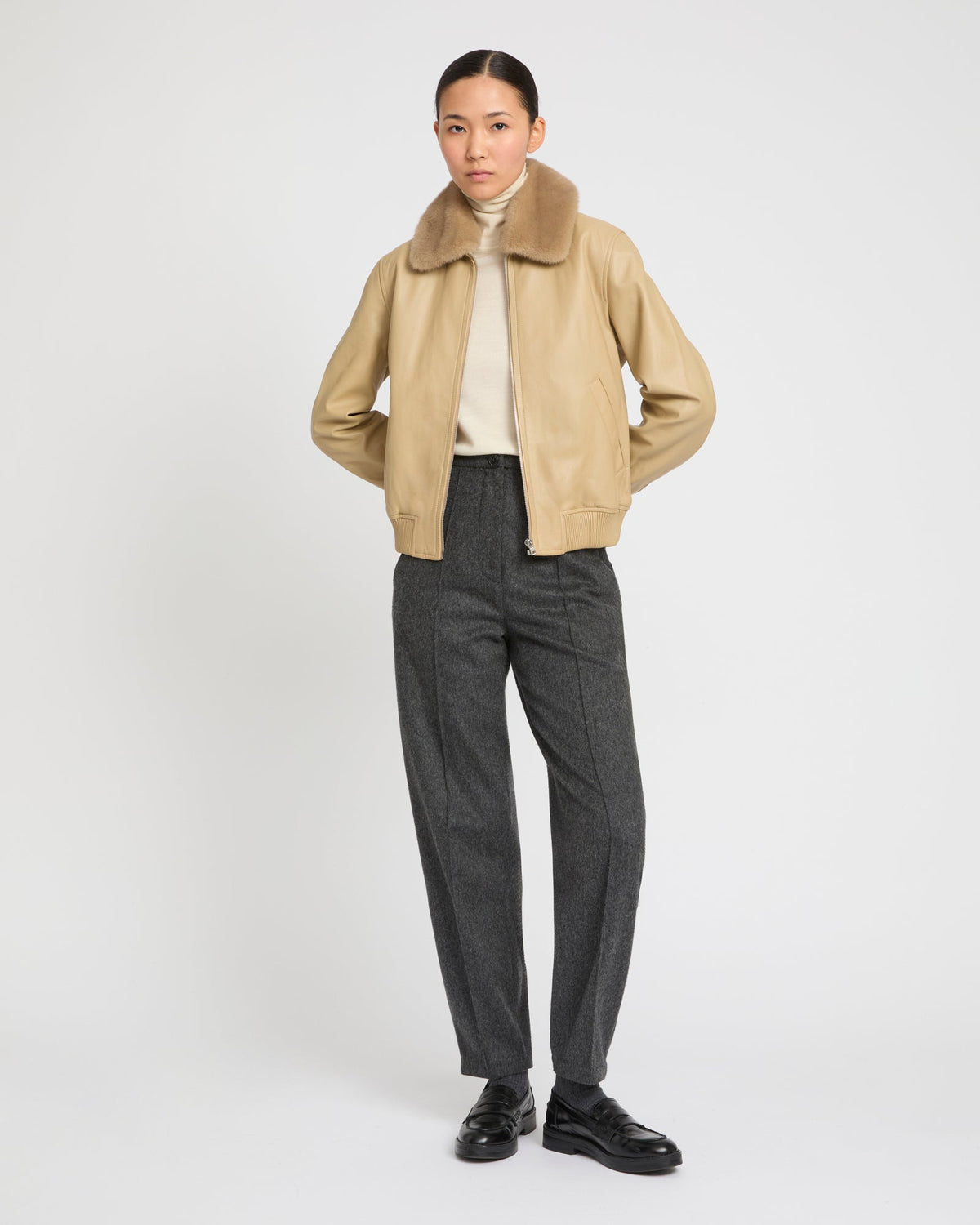 Cordelia | Retro Bomber Jacket with Detachable Collar - Oat | Velbrooke