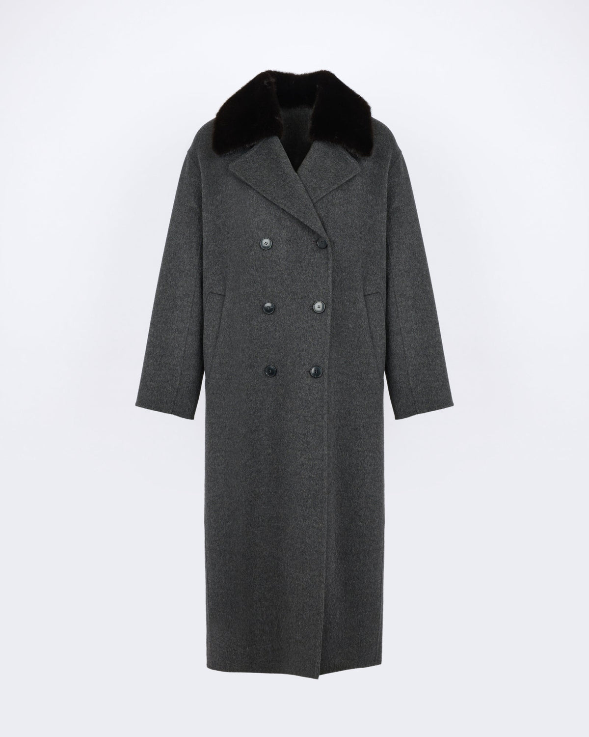 Eleanor | Long Double-Breasted Coat with Detachable Plush Collar - Grey – photo 5