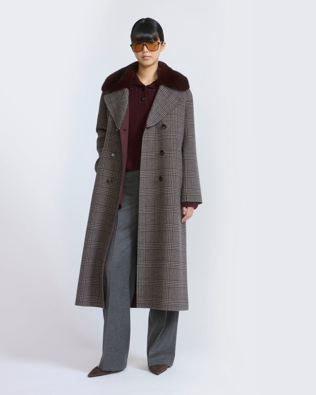 Eleanor | Long Double-Breasted Coat with Detachable Plush Collar - Hazel | Velbrooke