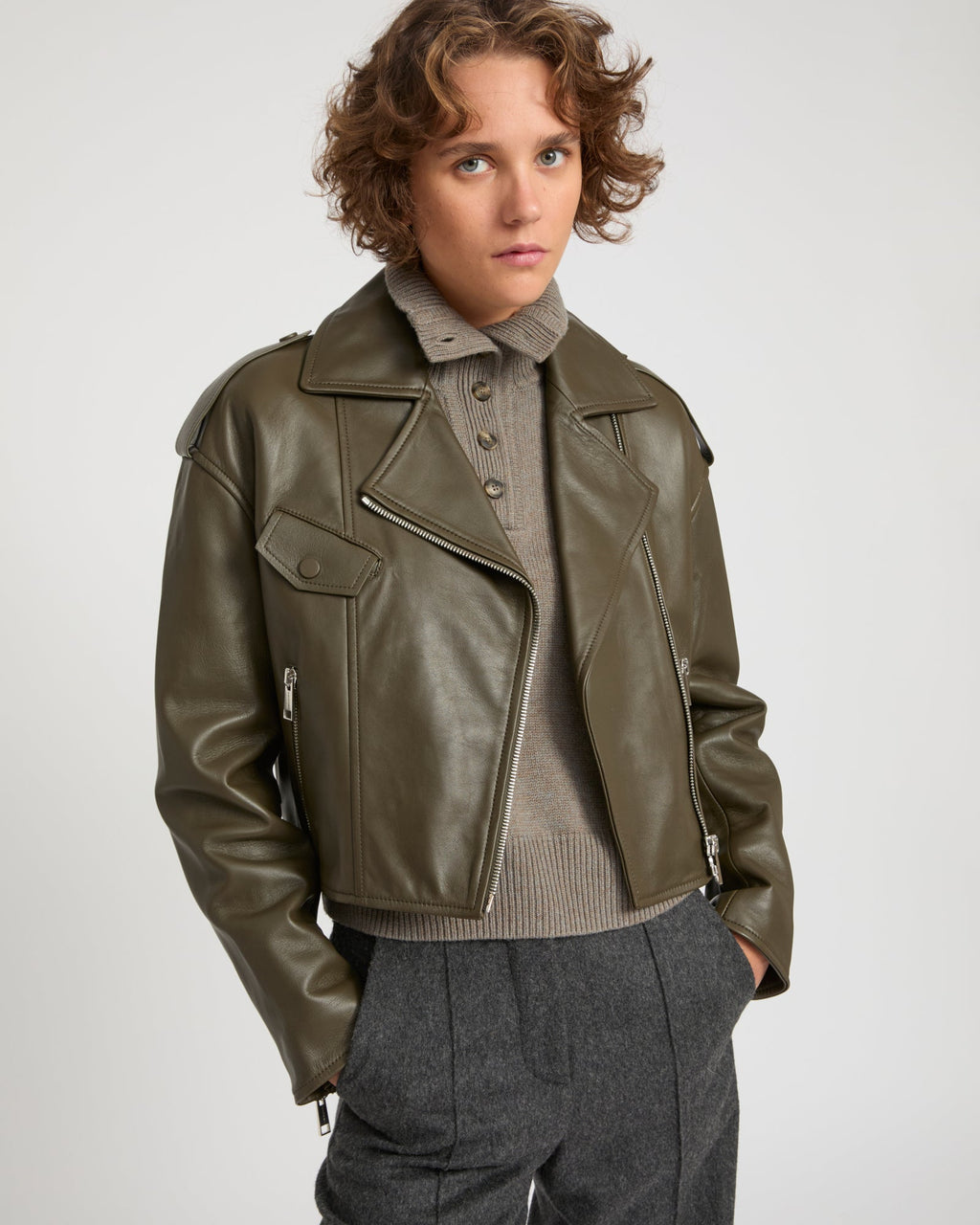 Harriet | Cropped Biker Jacket - Khaki | Velbrooke