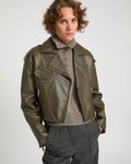 Harriet | Cropped Biker Jacket - Khaki | Velbrooke