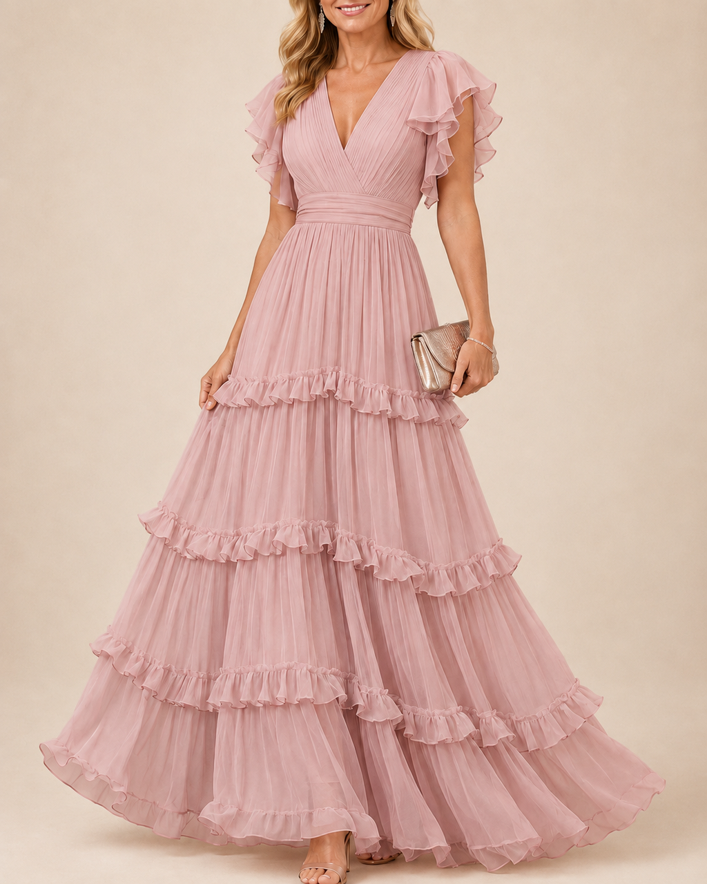 Imogen | Blush V-Neck Tiered Ruffle Flutter-Sleeve Maxi Dress | Velbrooke