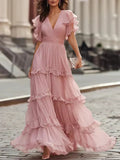 Imogen | Blush V-Neck Tiered Ruffle Flutter-Sleeve Maxi Dress – photo 2