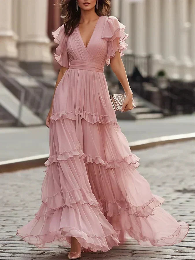 Imogen | Blush V-Neck Tiered Ruffle Flutter-Sleeve Maxi Dress – photo 2