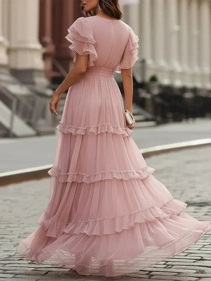 Imogen | Blush V-Neck Tiered Ruffle Flutter-Sleeve Maxi Dress – photo 3