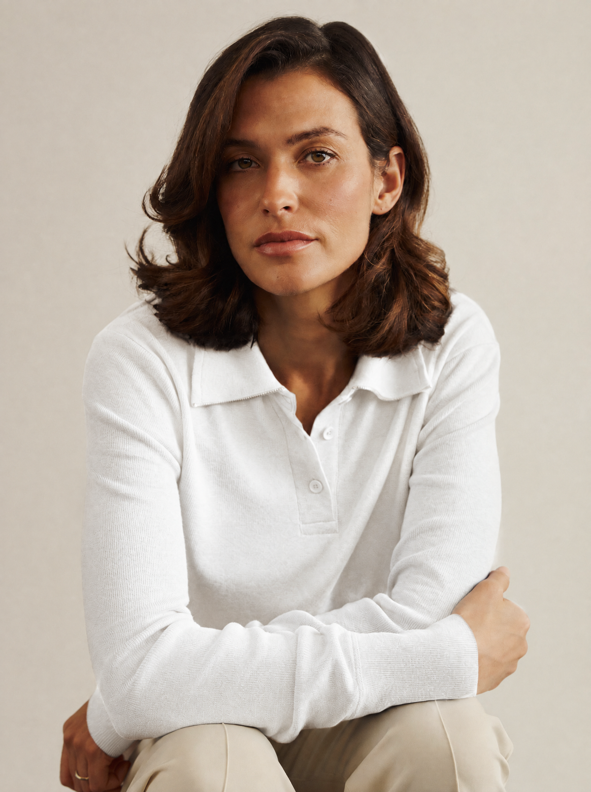 Ines | Zip-Neck Knit Polo – White