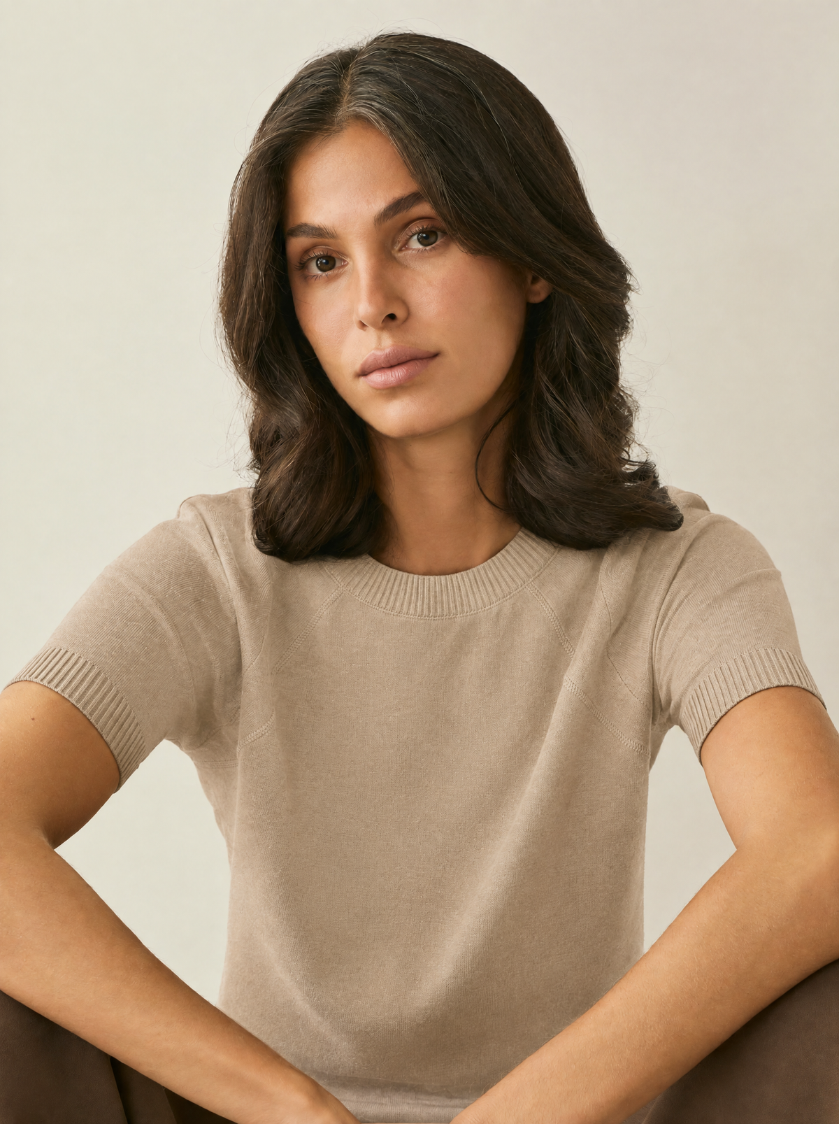 Juliette | Short-Sleeve Ribbed Knit Top – Sand
