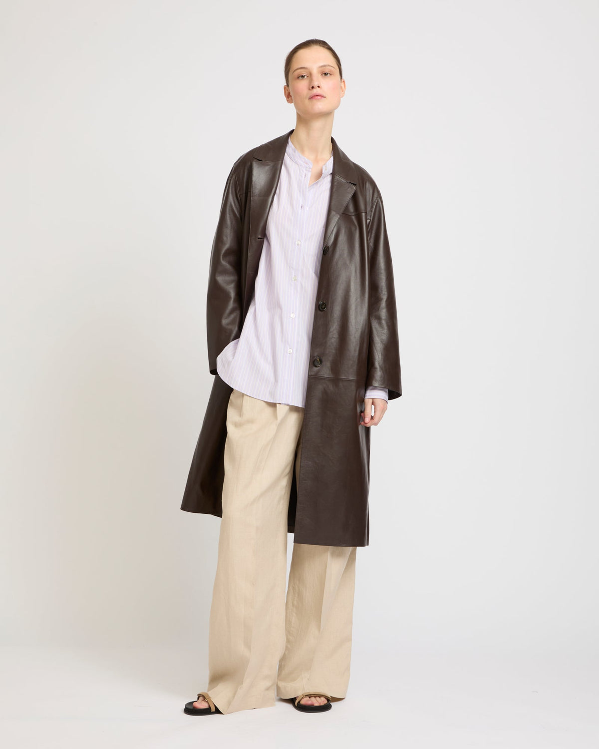 Lavinia | Straight Long Coat with Stand Collar - Cocoa | Velbrooke