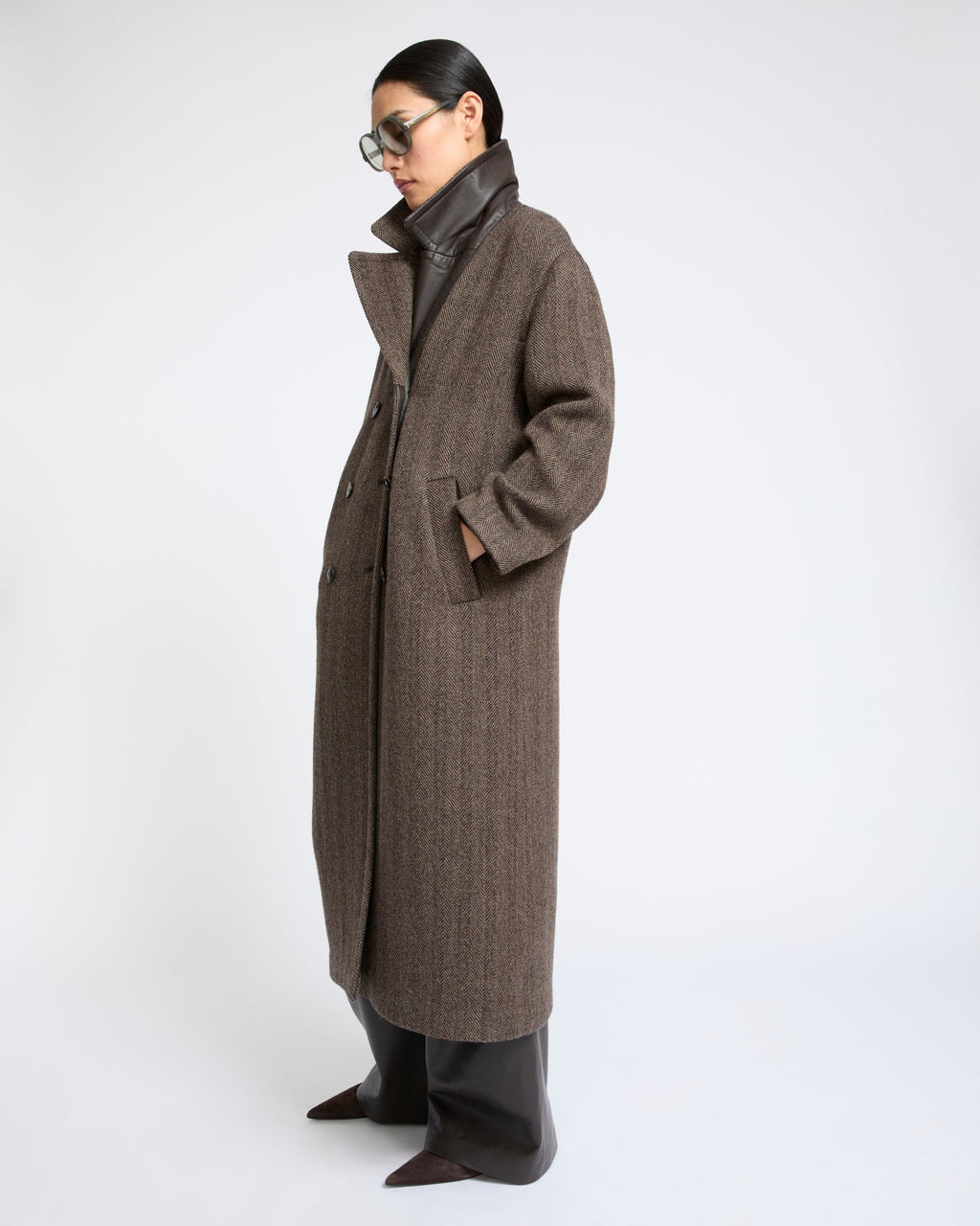 Octavia | Herringbone Double-Breasted Officer Coat - Brown Grey | Velbrooke
