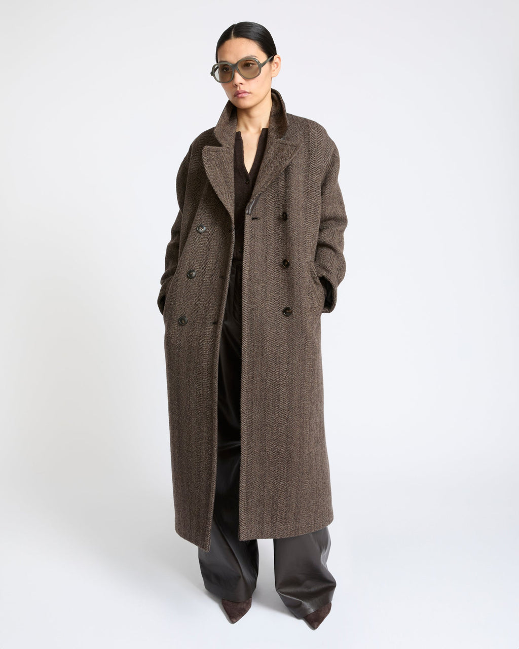 Octavia | Herringbone Double-Breasted Officer Coat - Brown Grey – photo 2