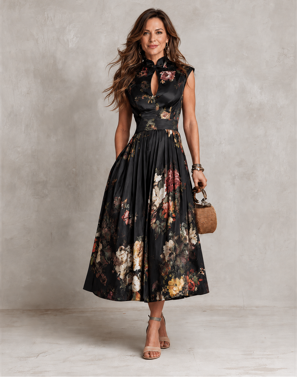 Odette | Keyhole Pleated Satin Midi Dress | Velbrooke