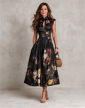 Odette | Keyhole Pleated Satin Midi Dress | Velbrooke