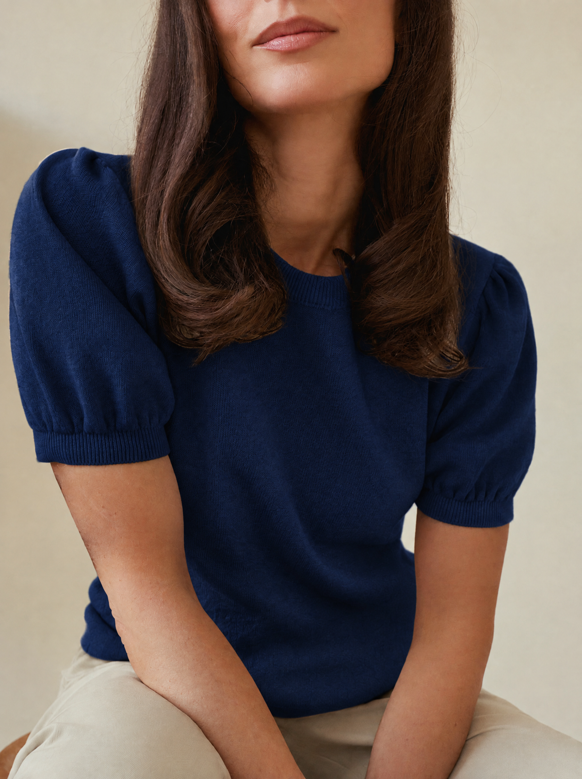 Quinn | Puff-Sleeve Gathered Knit Top – Navy